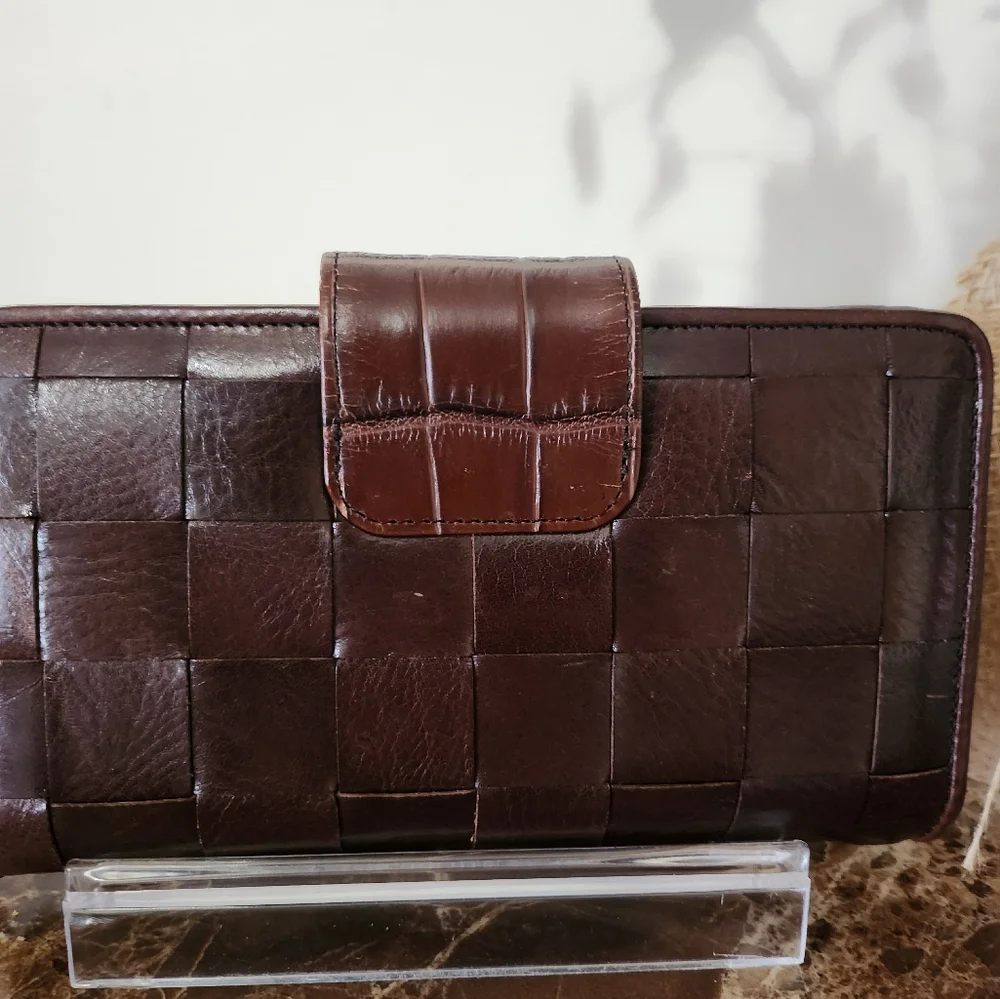 Brighton Brown Woven Leather Kisslock Wallet/Wristlet EUC - Picture 15 of 16